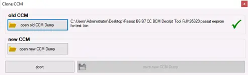 PQ46 47 CCM Tool 0.41 clone CCM screen with old BCM dump loaded and option to open new CCM dump for cloning.