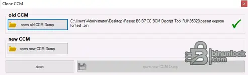 PQ46 47 CCM Tool 0.41 clone CCM screen with old BCM dump loaded and option to open new CCM dump for cloning.