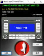 VW RCD300 1K0035186AD VWZ1Z2 radio code calculator from 95640 EEPROM dump, auto radio PIN from BIN file offline tool.