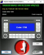 VW RCD300 1K0035186AD VWZ1Z2 radio code calculator from 95640 EEPROM dump, auto radio PIN from BIN file offline tool.