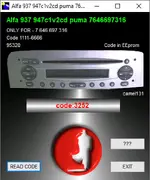 Alfa Romeo 937 947c1v2cd puma 7646697316 radio code calculator from 95320 dump, auto radio PIN from EEPROM BIN collection.