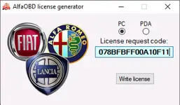 AlfaOBD 2.1.4.0 license helper window showing request code entry for PC and PDA installations.