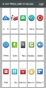 Main menu of Launch X431 PRO3/PRO5 V7.05.022 Android app showing diagnostic, service and TPMS icons for Thinkdiag 2 and Ediag Plus.