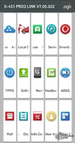 Main menu of Launch X431 PRO3/PRO5 V7.05.022 Android app showing diagnostic, service and TPMS icons for Thinkdiag 2 and Ediag Plus.