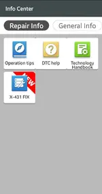 Launch X431 Info Center with Repair Info, DTC help, Technology Handbook and X-431 FIX modules for guided diagnostics.