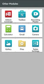 Other Modules view in Launch X431 app showing vehicle coverage, toolbox, recorder and tablet settings shortcuts.