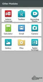 Other Modules view in Launch X431 app showing vehicle coverage, toolbox, recorder and tablet settings shortcuts.