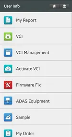 User Info menu of Launch X431 Android app with VCI management, activate VCI, firmware fix and ADAS equipment options.