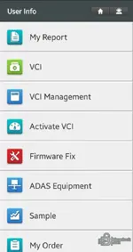 User Info menu of Launch X431 Android app with VCI management, activate VCI, firmware fix and ADAS equipment options.