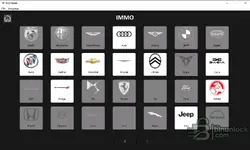 ECUMaster v1.0.0 IMMO brand selection screen for Audi, BMW, Fiat, Ford, Jeep and other marques.