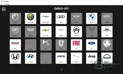 ECUMaster v1.0.0 IMMO OFF menu covering Alfa Romeo, Audi, BMW, Fiat, Ford and additional ECU families.