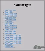 Volkswagen model selection screen in Program Schematiq Location Airbag Blocks v2001 with Bora Golf Passat Polo and year ranges.