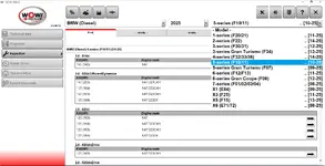 Inspection view in Wurth WoW 5.00.12 showing BMW 5 Series F10 diesel engines and service data from the 2025 database. Inspection view in Wurth WoW 5.00.12 showing BMW 5 Series F10 diesel engines and service data from the 2025 database.