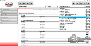 Inspection view in Wurth WoW 5.00.12 showing BMW 5 Series F10 diesel engines and service data from the 2025 database.