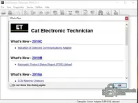 Cat Electronic Technician 2019C v1.0 whats new screen listing 2019A 2019B 2019C update notes for Caterpillar equipment diagnostics.