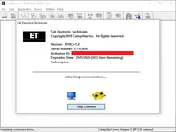 Cat Electronic Technician 2019C v1.0 initializing communications window with adapter connection status for Caterpillar machine diagnostics. Cat Electronic Technician 2019C v1.0 initializing communications window with adapter connection status for Caterpillar machine diagnostics.