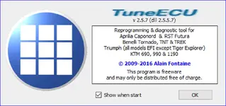 Version 2.5.7 TuneECU about window listing supported Aprilia, Benelli, Triumph and KTM models for ECU remapping and diagnostics. Version 2.5.7 TuneECU about window listing supported Aprilia, Benelli, Triumph and KTM models for ECU remapping and diagnostics.