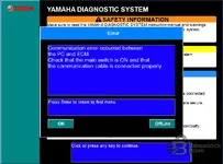 Yamaha Diagnostic System 1.33 communication error popup warning about PC to ECM connection issues during diagnostics.