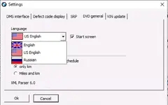 BMW Motorrad RSD 09.2017 settings dialog with language options for English US English and Russian. BMW Motorrad RSD 09.2017 settings dialog with language options for English US English and Russian.