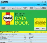 Haynes Automotive Technical Databook 1993 BMW Z3 1.8 page showing engine and cooling specifications and torque data. Haynes Automotive Technical Databook 1993 BMW Z3 1.8 page showing engine and cooling specifications and torque data.