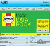 Haynes Automotive Technical Databook 1993 Audi Quattro page with engine cooling and ignition specification tables.