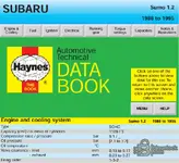 Haynes Automotive Technical Databook 1993 Subaru Sumo 1.2 screen with engine and cooling specifications and valve clearances.