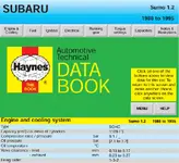 Haynes Automotive Technical Databook 1993 Subaru Sumo 1.2 screen with engine and cooling specifications and valve clearances. Haynes Automotive Technical Databook 1993 Subaru Sumo 1.2 screen with engine and cooling specifications and valve clearances.