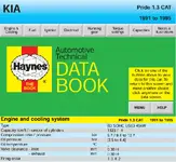 Haynes Automotive Technical Databook 1993 Kia Pride 1.3 page with engine data, compression ratio and valve clearance information. Haynes Automotive Technical Databook 1993 Kia Pride 1.3 page with engine data, compression ratio and valve clearance information.