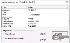 Knorr-Bremse Diagnostics Systems 07.2025 ECUtalk TEBS G2 license manager showing access level and validity dates.