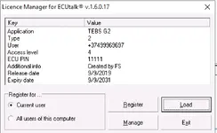 Knorr-Bremse Diagnostics Systems 07.2025 ECUtalk TEBS G2 license manager showing access level and validity dates.