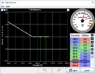 TunerStudio MS v3.0.18 cold advance curve screen for ignition warmup timing, coolant temperature offsets, and table tuning. TunerStudio MS v3.0.18 cold advance curve screen for ignition warmup timing, coolant temperature offsets, and table tuning.