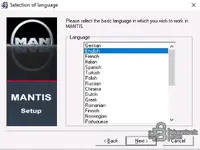 MAN MANTIS 10.2025 setup screen showing language selection for EPC parts catalog installation and configuration.