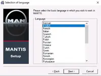 MAN MANTIS 10.2025 setup screen showing language selection for EPC parts catalog installation and configuration.