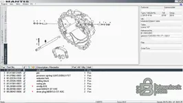 MAN MANTIS 10.2025 EPC screen with exploded parts diagram and OEM part numbers table for MAN truck components.