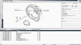 MAN MANTIS 10.2025 EPC screen with exploded parts diagram and OEM part numbers table for MAN truck components.