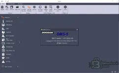 Doosan DMS-5 3.0.5 main interface showing machine info, monitoring, graphs, and fault info navigation.