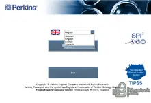 Perkins SPI2 2018A language selection screen for parts catalogue, documentation directory, and serial lookup.