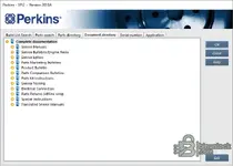 Perkins SPI2 2018A documentation directory showing service manuals, bulletins, connectors, and special instructions.