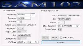 SAM102 license utility configured for Hino DX3 version 1.25.1 showing username password PCID key authority level and offline time limit for workshop license setup SAM102 license utility configured for Hino DX3 version 1.25.1 showing username password PCID key authority level and offline time limit for workshop license setup