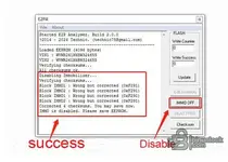E2PA 2.1.1 MED9.1 EEPROM processing log with corrected checksum blocks IMMO1 to IMMO4 and message that immobilizer status operation completed successfully E2PA 2.1.1 MED9.1 EEPROM processing log with corrected checksum blocks IMMO1 to IMMO4 and message that immobilizer status operation completed successfully