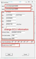 E2PA 2.1.1 inventory editor screen for Bosch MED9.1 ECU showing VIN fields software coding test stand number manufacturer number component security bytes and security access code