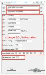 E2PA 2.1.1 inventory editor screen for Bosch MED9.1 ECU showing VIN fields software coding test stand number manufacturer number component security bytes and security access code E2PA 2.1.1 inventory editor screen for Bosch MED9.1 ECU showing VIN fields software coding test stand number manufacturer number component security bytes and security access code