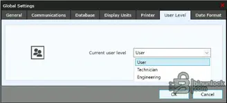 Global Settings in WinTrac 6.12.0.21 showing user level options User, Technician, and Engineering.