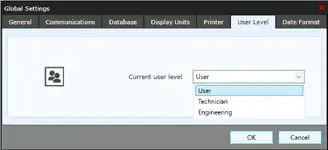 Global Settings in WinTrac 6.12.0.21 showing user level options User, Technician, and Engineering. Global Settings in WinTrac 6.12.0.21 showing user level options User, Technician, and Engineering.
