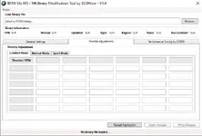 BMW E6x MSS65 Binary Modification Tool v1.4 Throttle Adjustments screen with Comfort, Normal, and Sport mode tables.