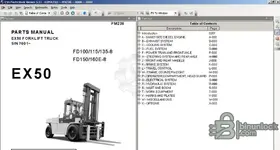 CSS Parts Book Viewer v5.11 showing EX50 parts manual cover and table of contents navigation.