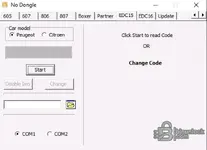 Legacy Peugeot Citroen keypad immobilizer utility showing code read and authorized change workflow for PSA service scenarios.