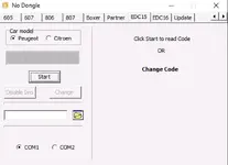 Legacy Peugeot Citroen keypad immobilizer utility showing code read and authorized change workflow for PSA service scenarios.