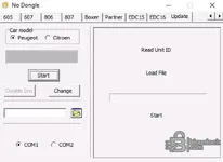 Legacy PSA ECU service window with EDC15 and EDC16 tabs, unit ID read, and file load options for workshop documentation.