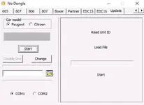 Legacy PSA ECU service window with EDC15 and EDC16 tabs, unit ID read, and file load options for workshop documentation.